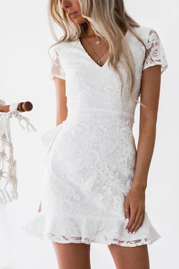 V Neck Mesh Floral Lace Pencil Dress