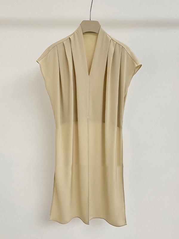 Loose Raglan Sleeve Knot Pleated Solid Color Split-Joint V-Neck Blouses&Shirts Tops