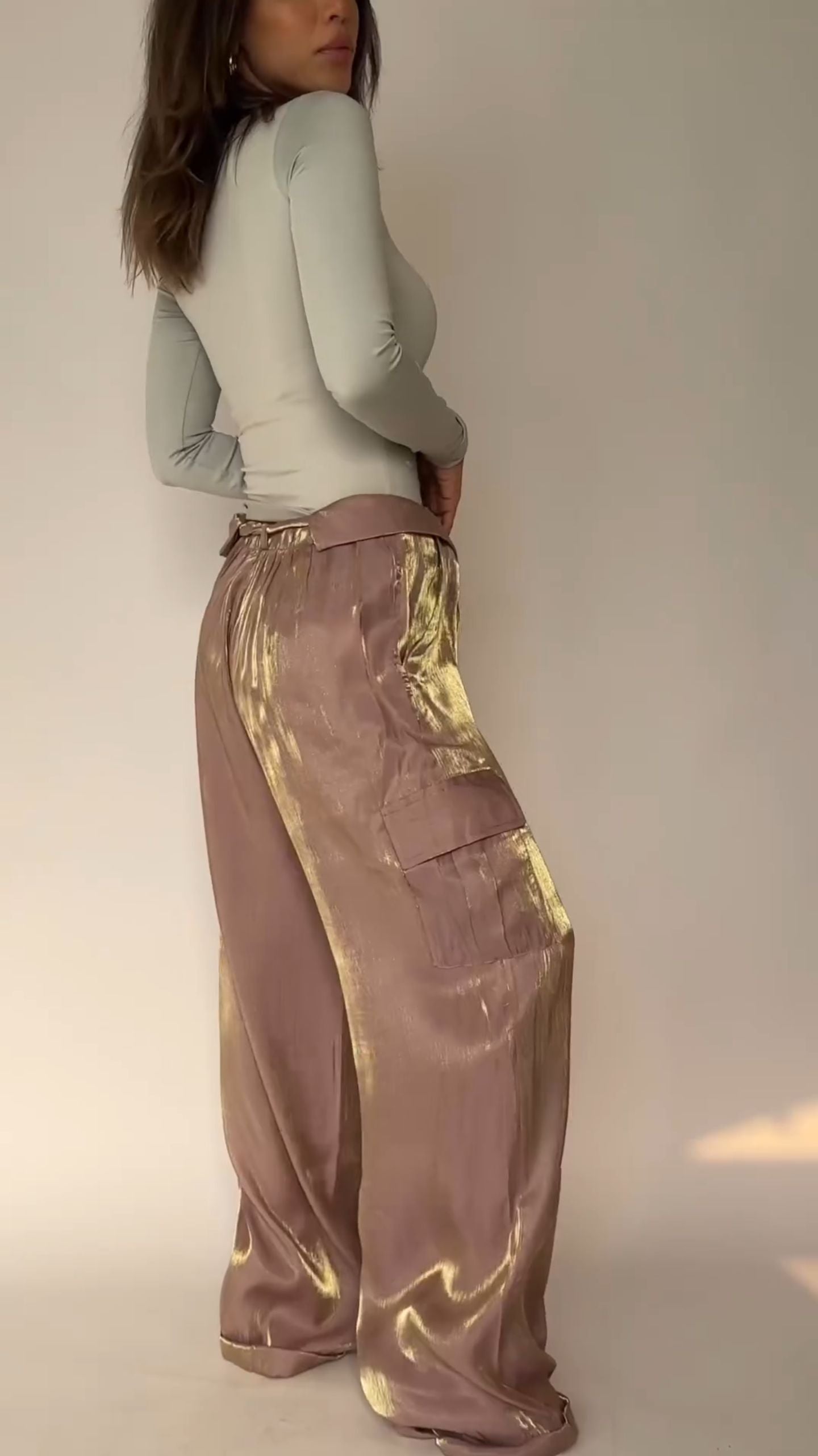 Women's Flip-waisted Satin Pants with Multiple Pockets