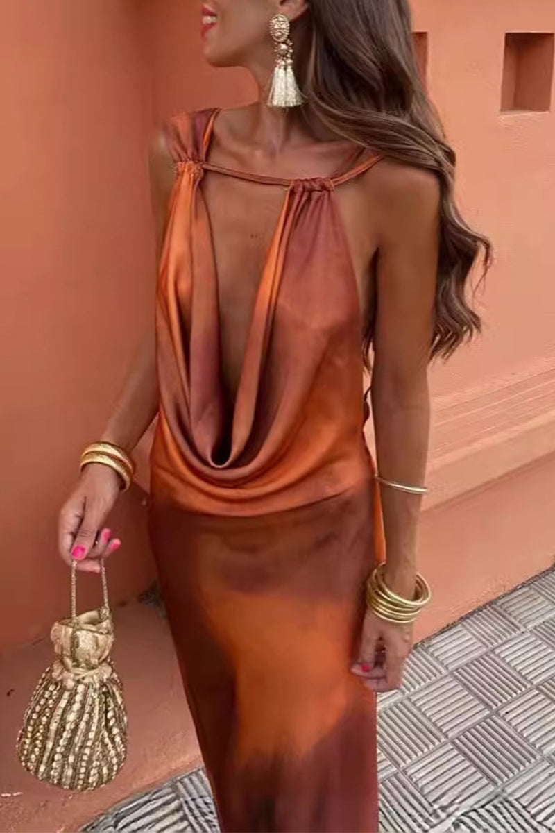 Sexy Gradient Print Contrast Scarf Collar One Step Dresses