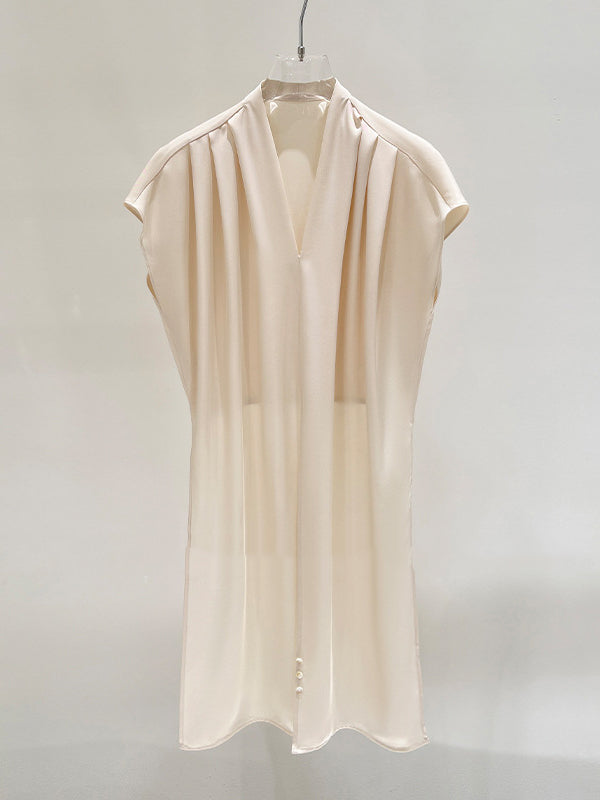 Loose Raglan Sleeve Knot Pleated Solid Color Split-Joint V-Neck Blouses&Shirts Tops