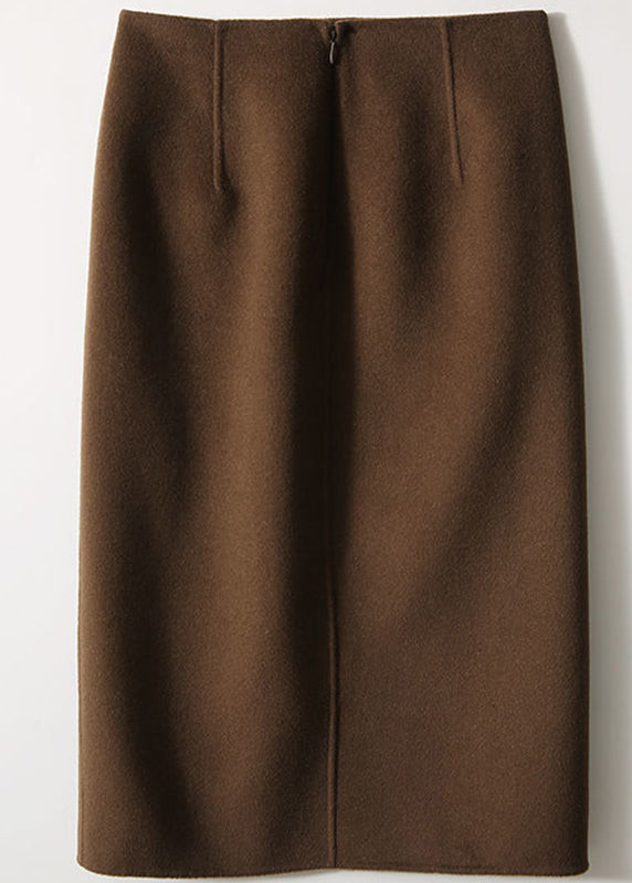 DIY Coffee Colour Pockets Patchwork Zippered High Waist Woolen Skirt Fall