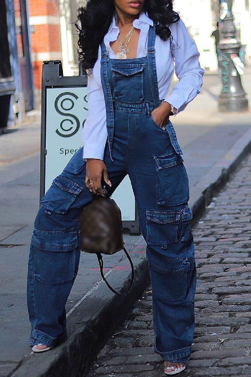 Casual Solid Patchwork Pocket Backless Spaghetti Strap Sleeveless Regular Denim Jumpsuits