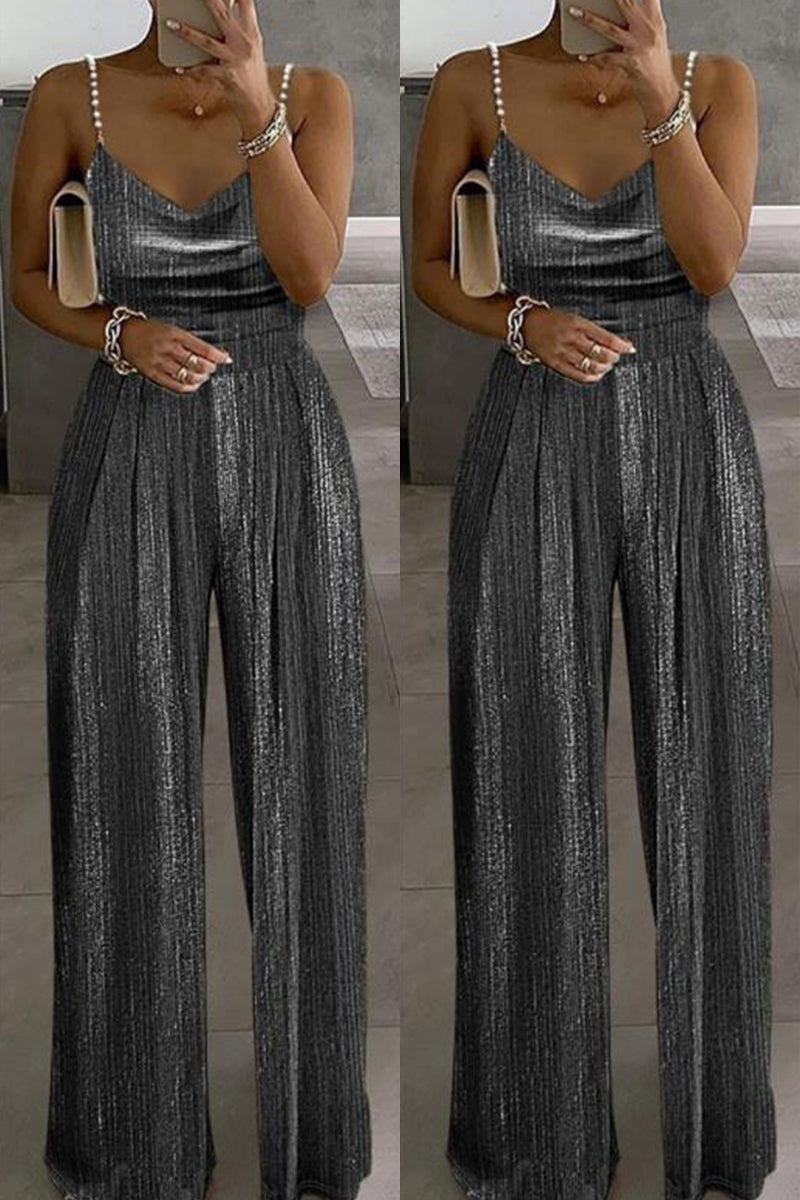 Casual Solid Backless Spaghetti Strap Regular Jumpsuits