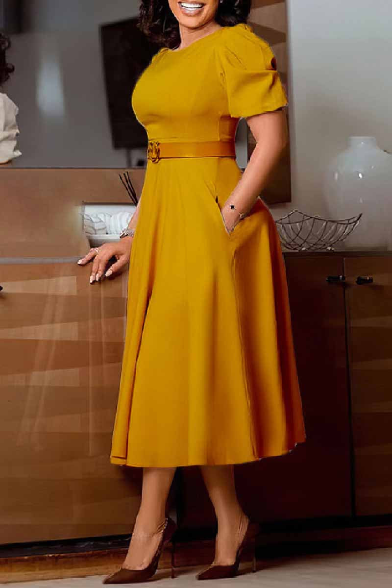 Casual Solid With Belt O Neck A Line Dresses