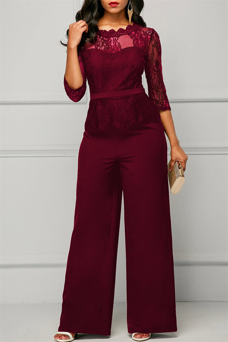 Fashion Casual Patchwork Solid See-through O Neck Regular Jumpsuits(4 Colors)