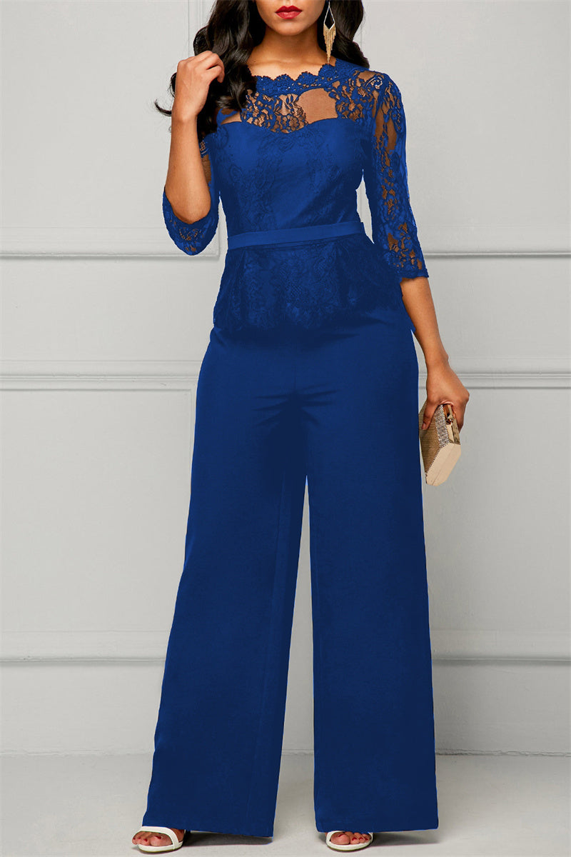 Fashion Casual Patchwork Solid See-through O Neck Regular Jumpsuits(4 Colors)