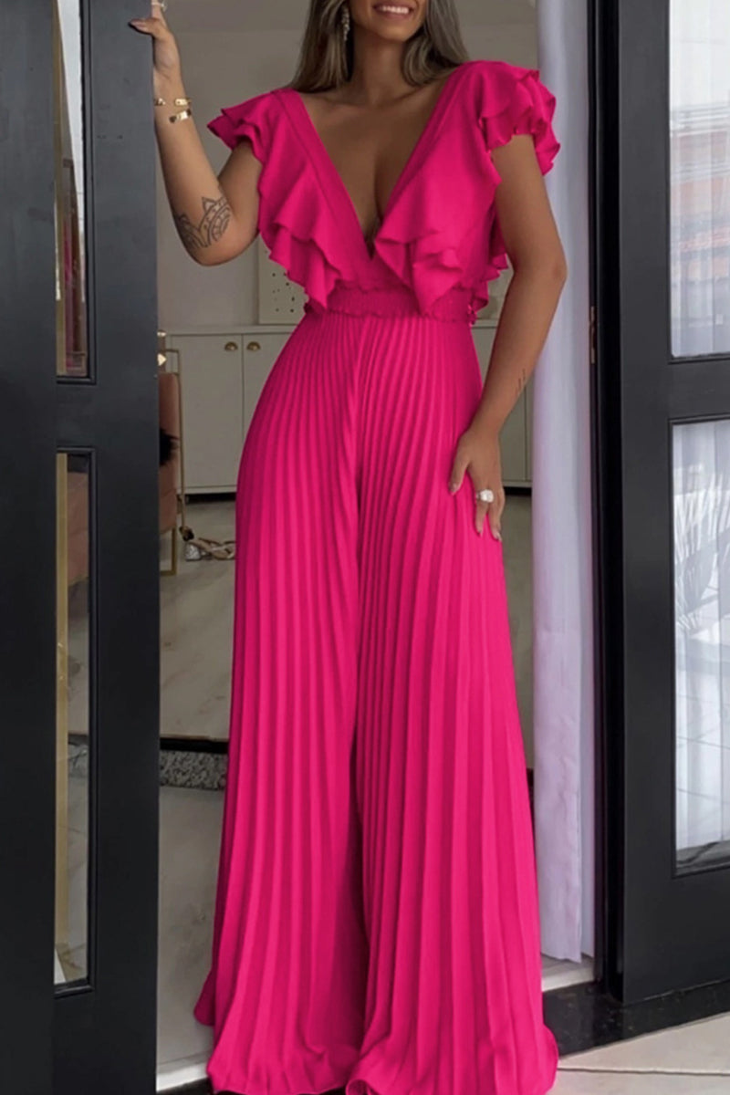 Casual Elegant Solid Patchwork Flounce Fold V Neck Loose Jumpsuits