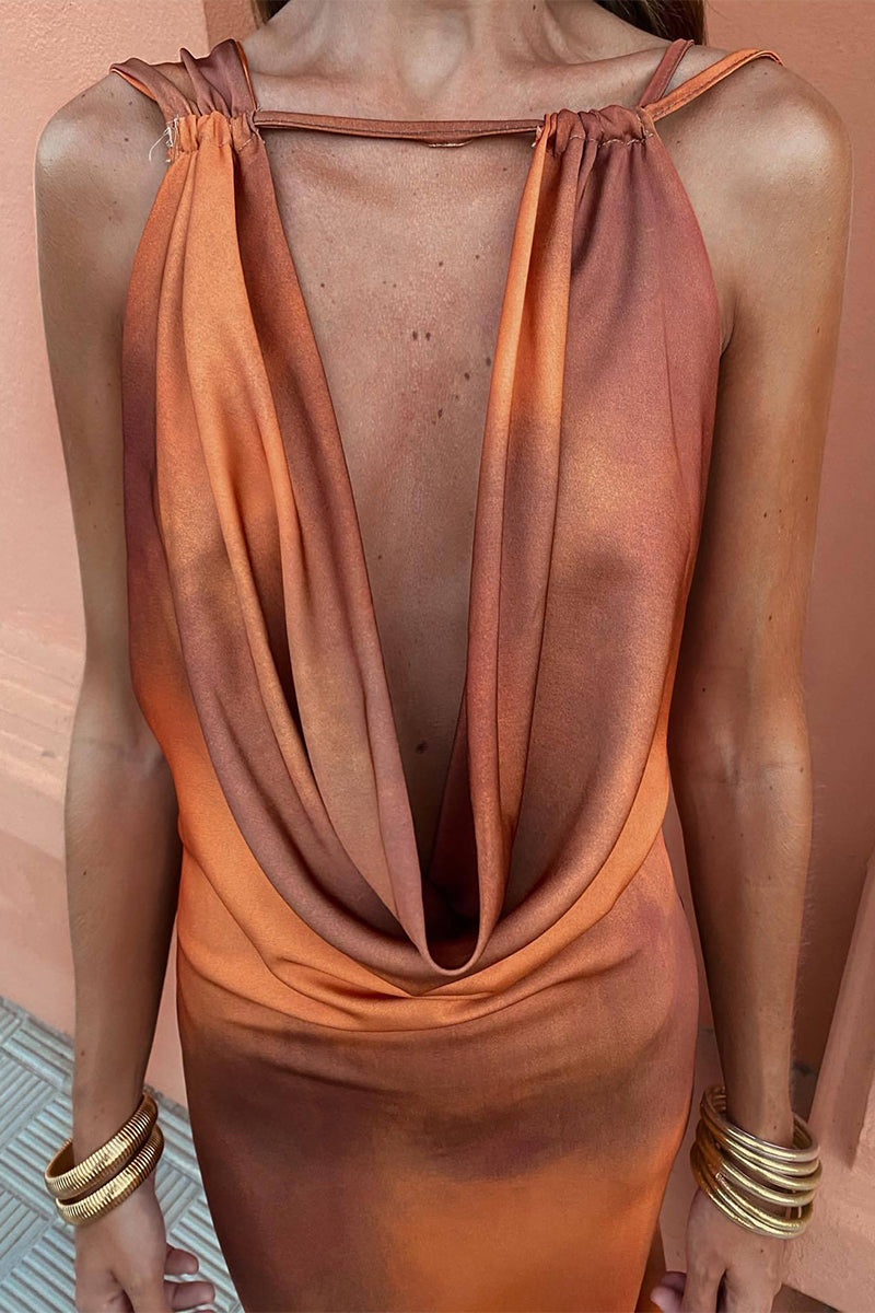 Sexy Gradient Print Contrast Scarf Collar One Step Dresses
