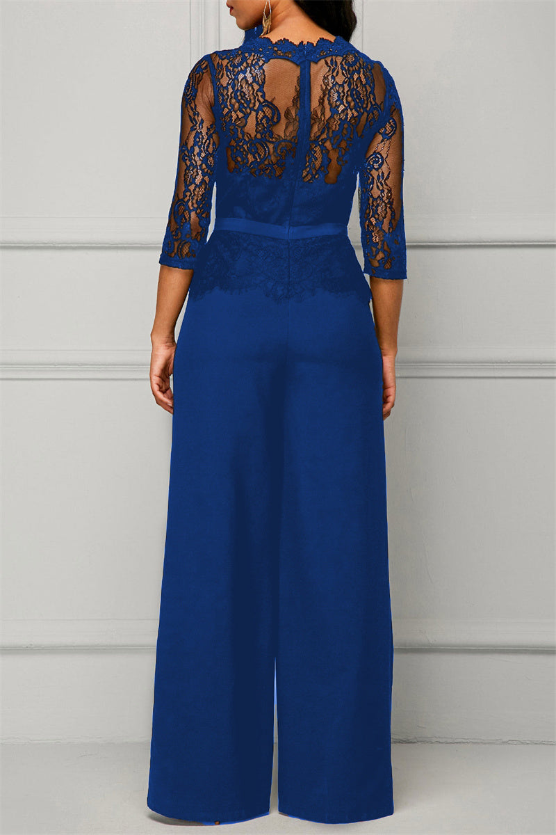 Fashion Casual Patchwork Solid See-through O Neck Regular Jumpsuits(4 Colors)