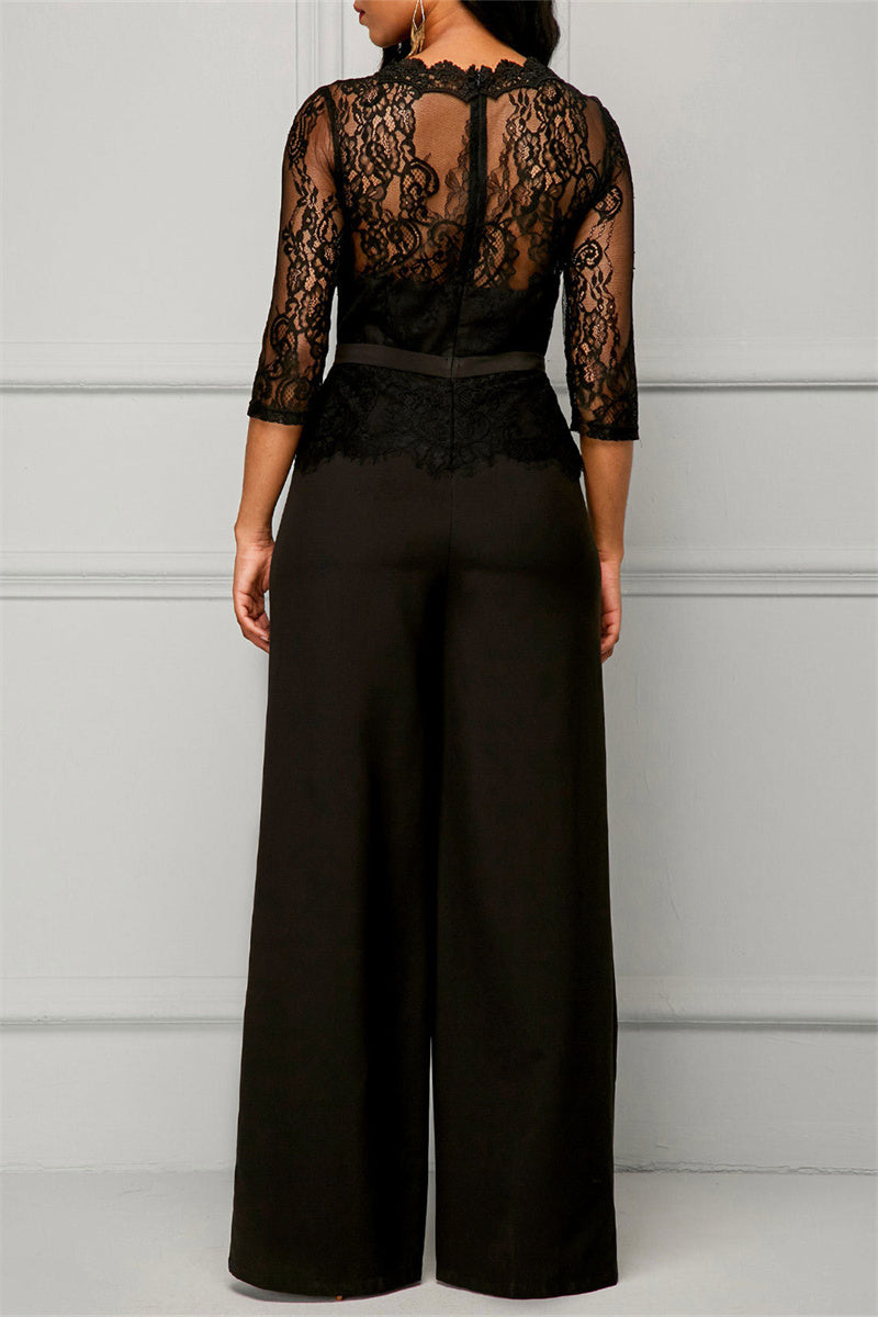 Fashion Casual Patchwork Solid See-through O Neck Regular Jumpsuits(4 Colors)