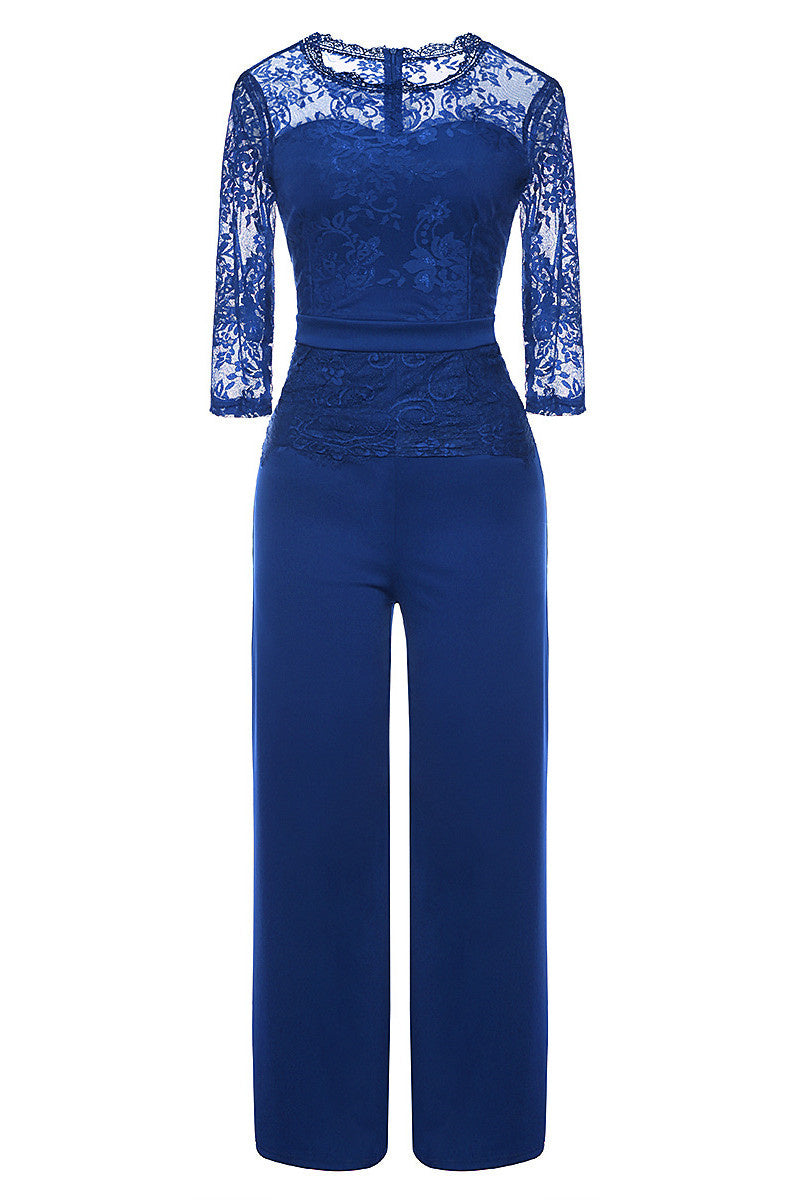 Fashion Casual Patchwork Solid See-through O Neck Regular Jumpsuits(4 Colors)