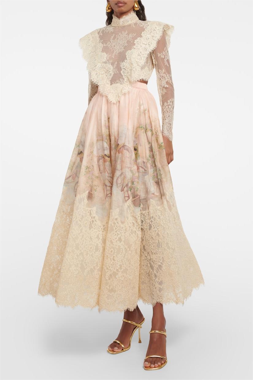 Floral Lace Long Sleeve Top ?High Waist Midi Skirt Set