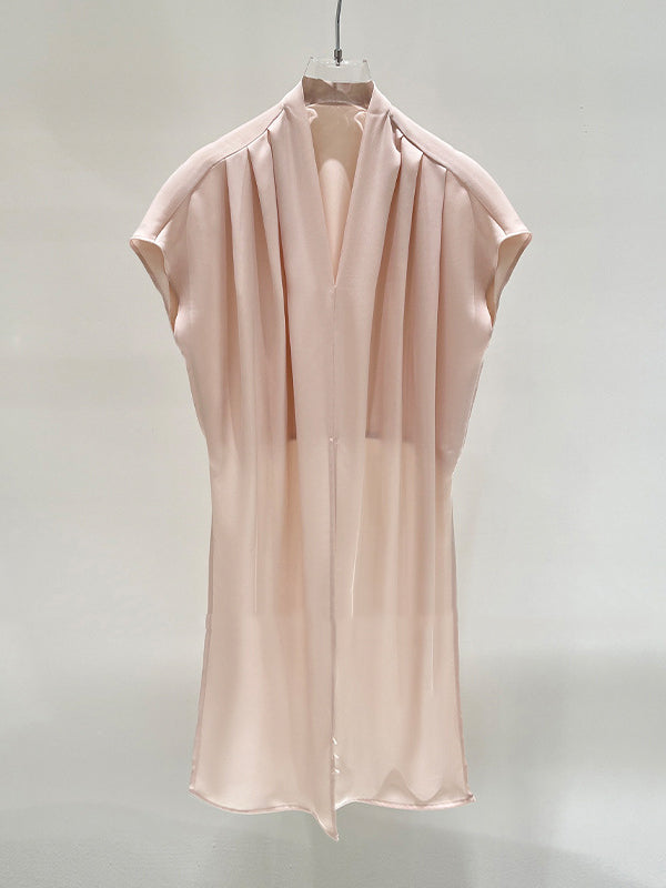 Loose Raglan Sleeve Knot Pleated Solid Color Split-Joint V-Neck Blouses&Shirts Tops