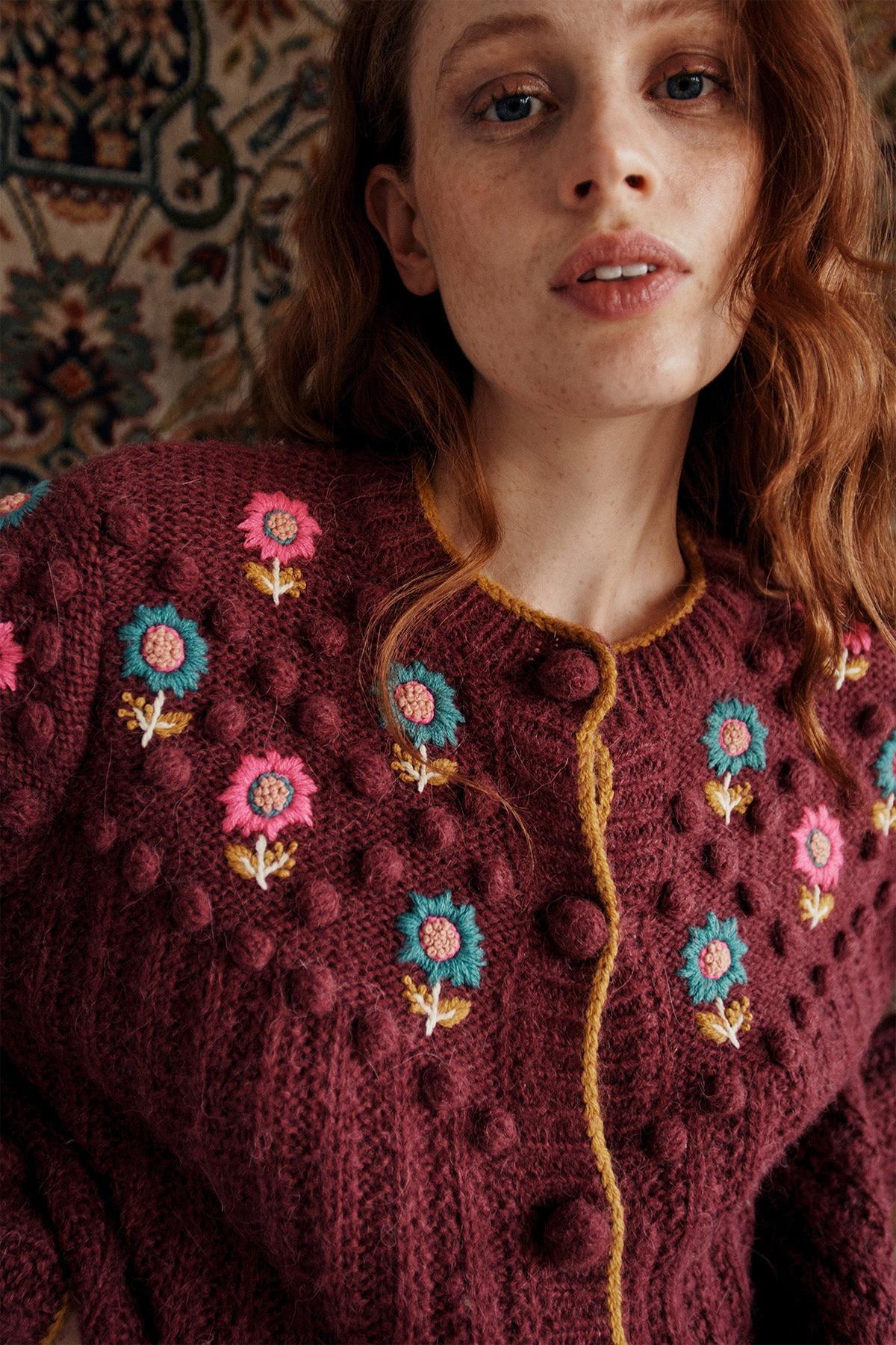 Floral Long Sleeve Crew Collar Knit Cardigan