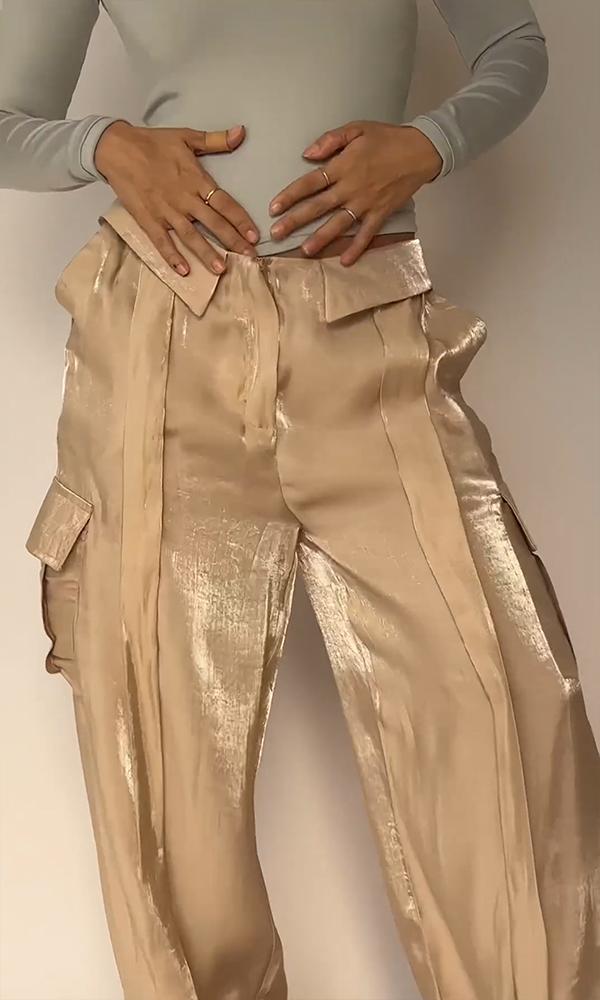 Women's Flip-waisted Satin Pants with Multiple Pockets