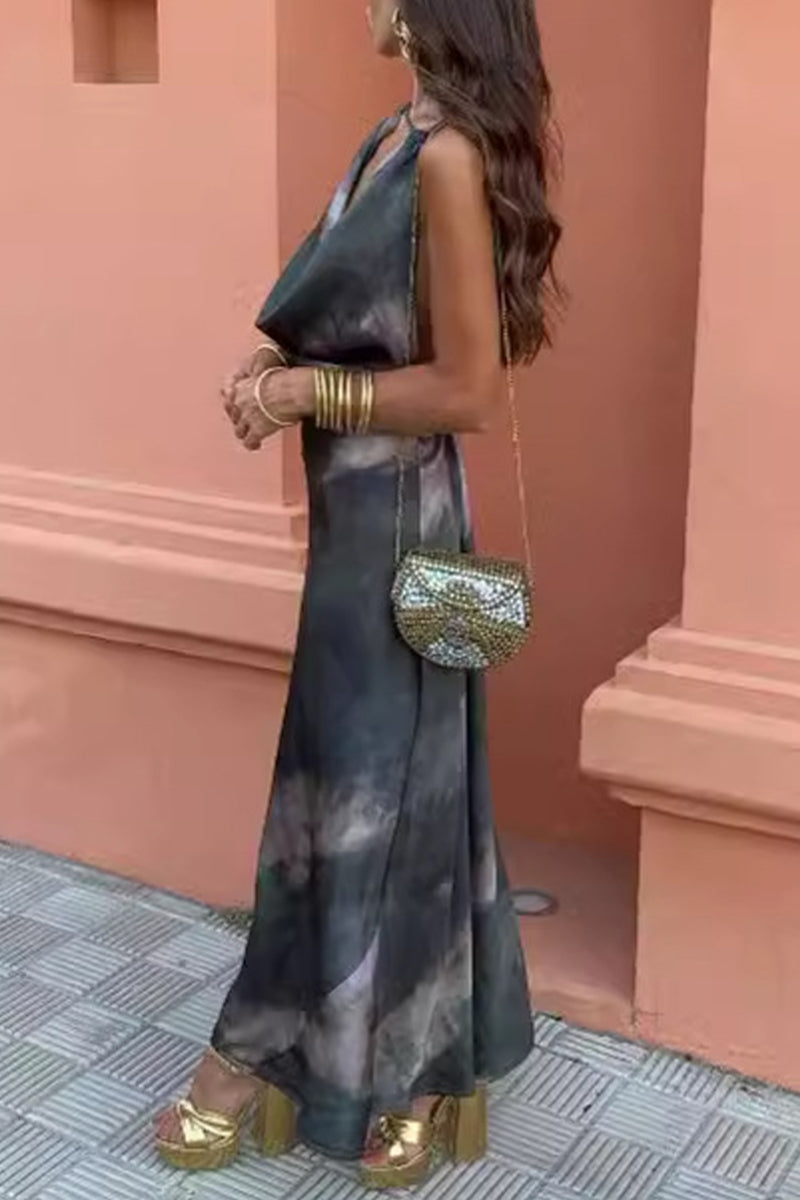 Sexy Gradient Print Contrast Scarf Collar One Step Dresses