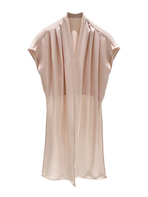 Loose Raglan Sleeve Knot Pleated Solid Color Split-Joint V-Neck Blouses&Shirts Tops