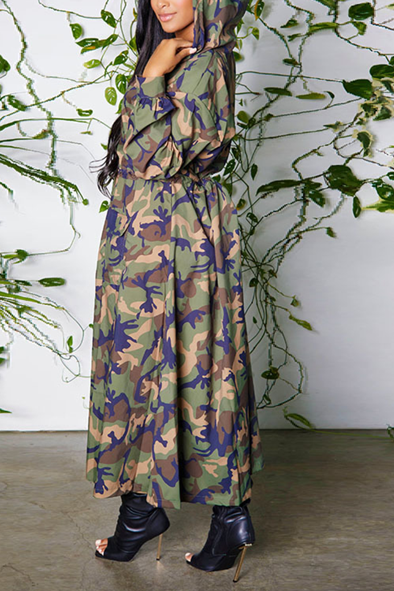 Casual Print Camo Zip Pocket Hooded Outerwear