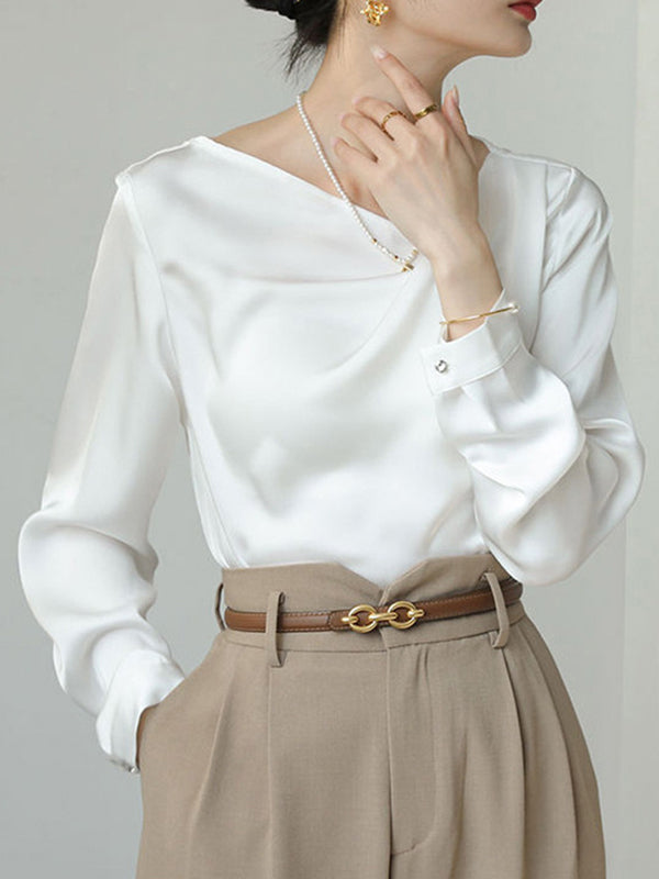 Long Sleeves Loose Asymmetric Pleated Solid Color Split-Joint V-Neck Blouses&Shirts Tops