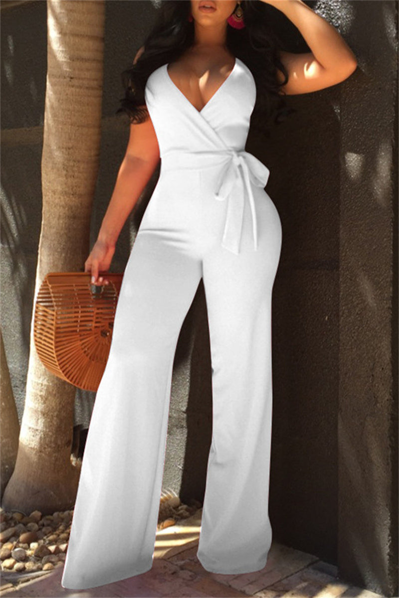 Sexy Casual Solid Backless V Neck Regular Jumpsuits