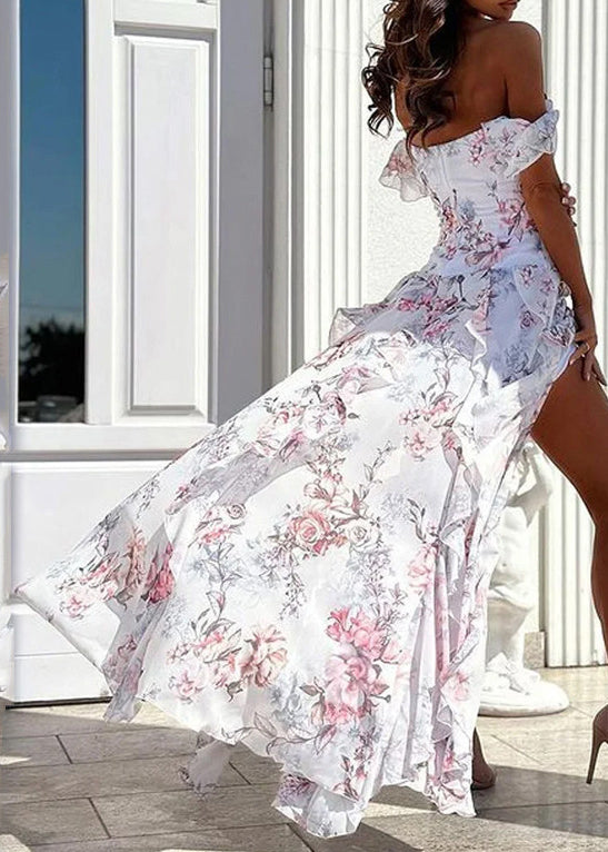 Novelty White Ruffled Print Side Open Cotton Ankle Dress Summer