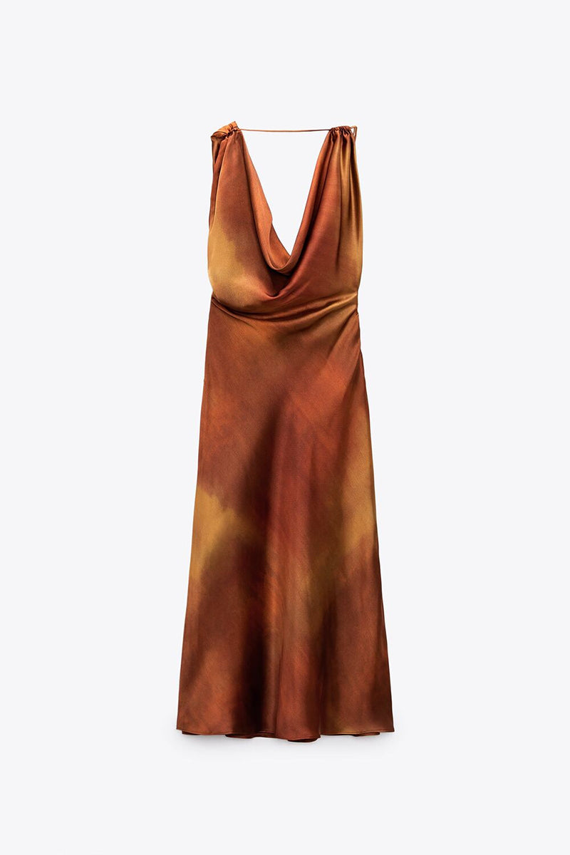 Sexy Gradient Print Contrast Scarf Collar One Step Dresses