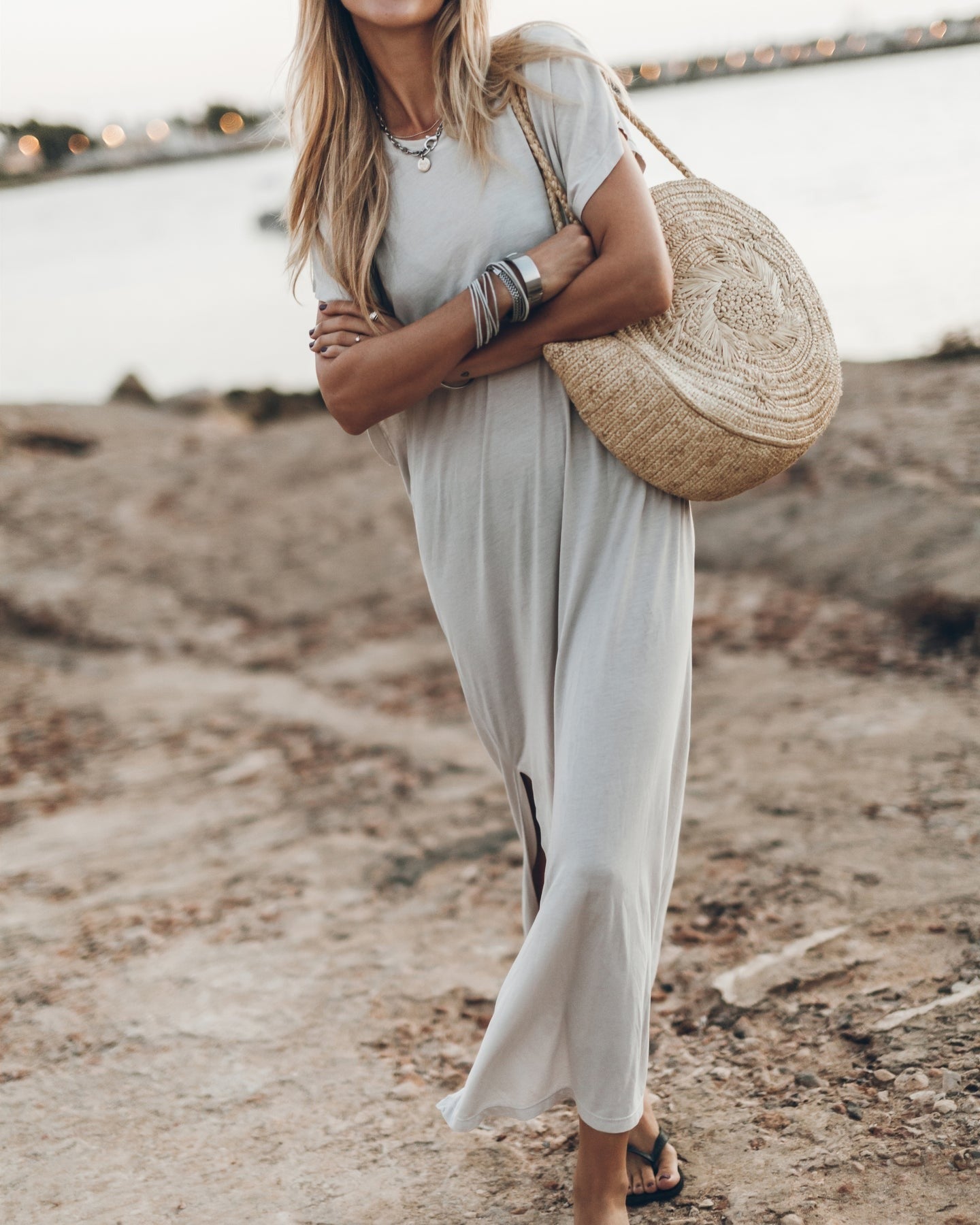 Simple and Effortless Open Sleeve Slit Oversized T-shirt Midi Dress