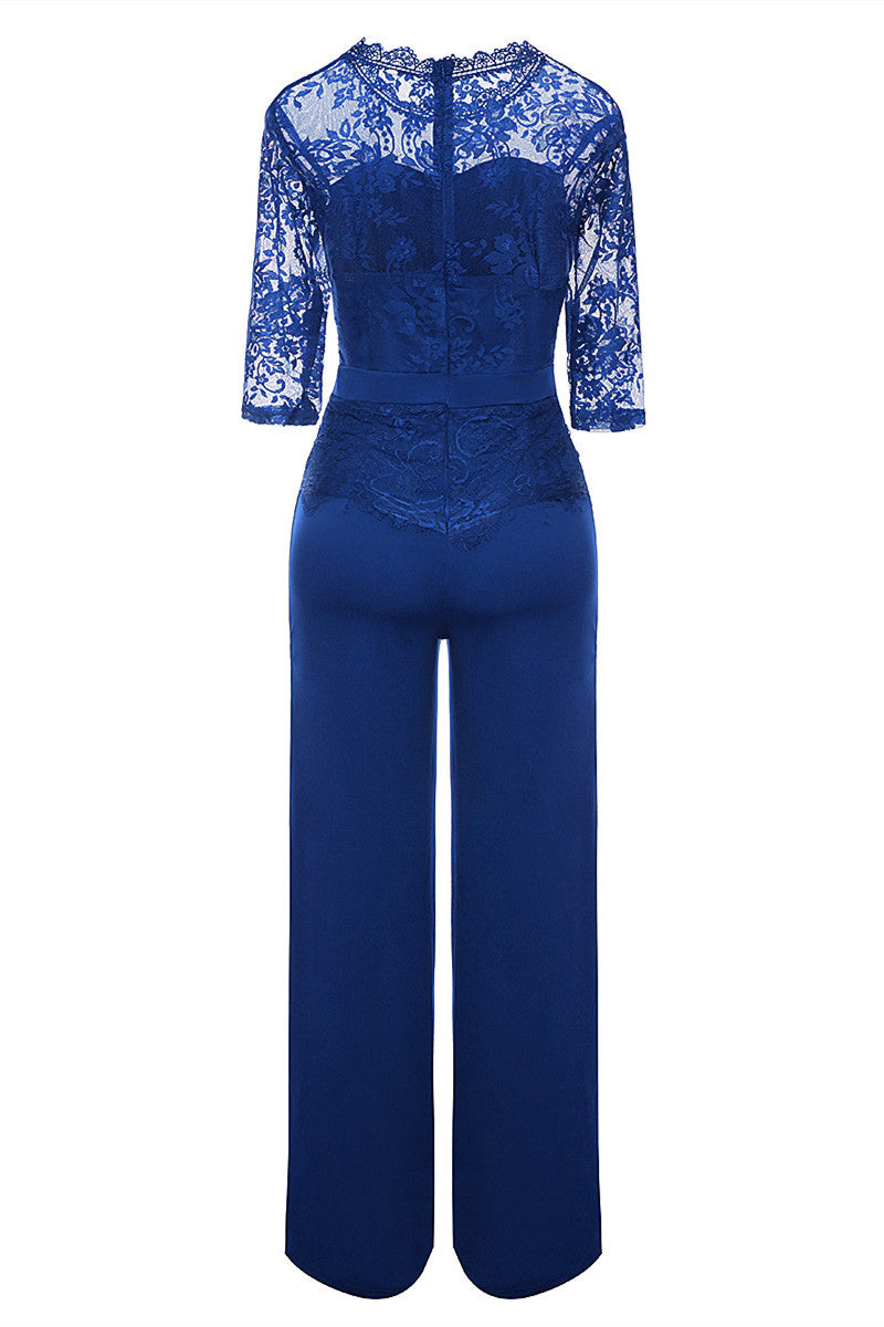 Fashion Casual Patchwork Solid See-through O Neck Regular Jumpsuits(4 Colors)