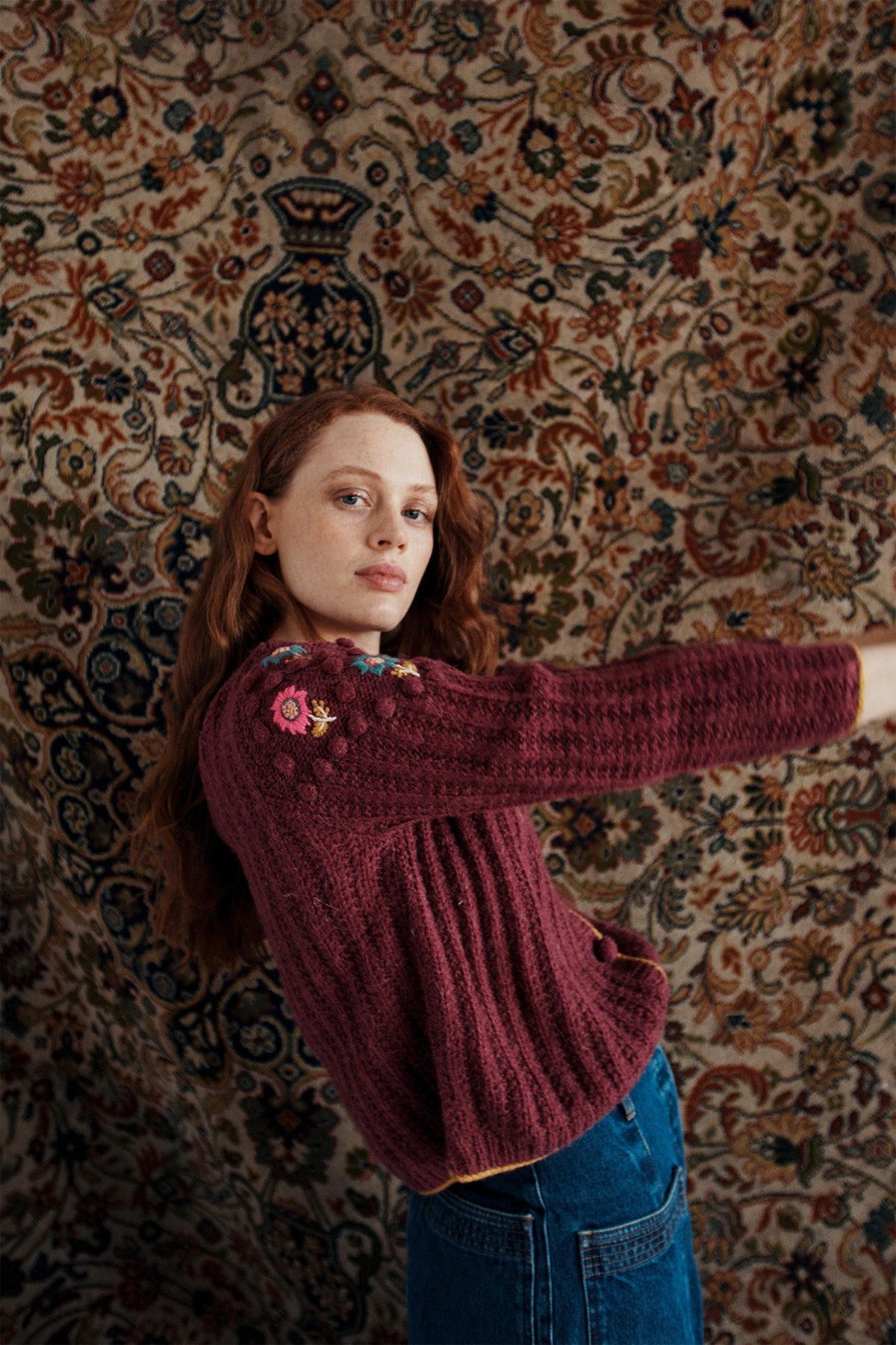 Floral Long Sleeve Crew Collar Knit Cardigan