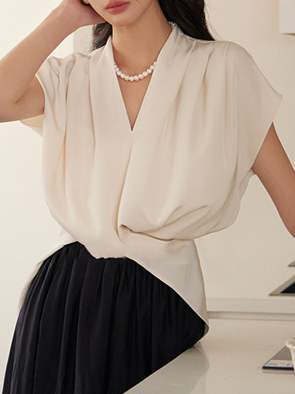 Loose Raglan Sleeve Knot Pleated Solid Color Split-Joint V-Neck Blouses&Shirts Tops