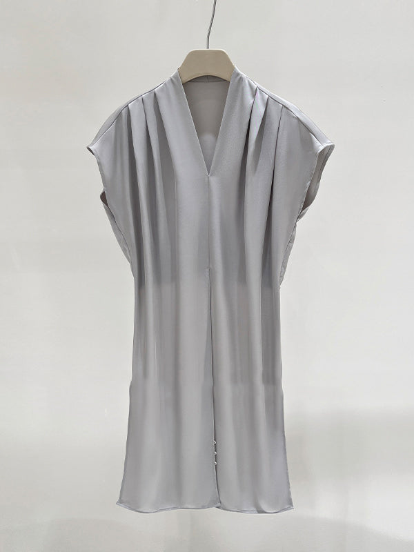 Loose Raglan Sleeve Knot Pleated Solid Color Split-Joint V-Neck Blouses&Shirts Tops
