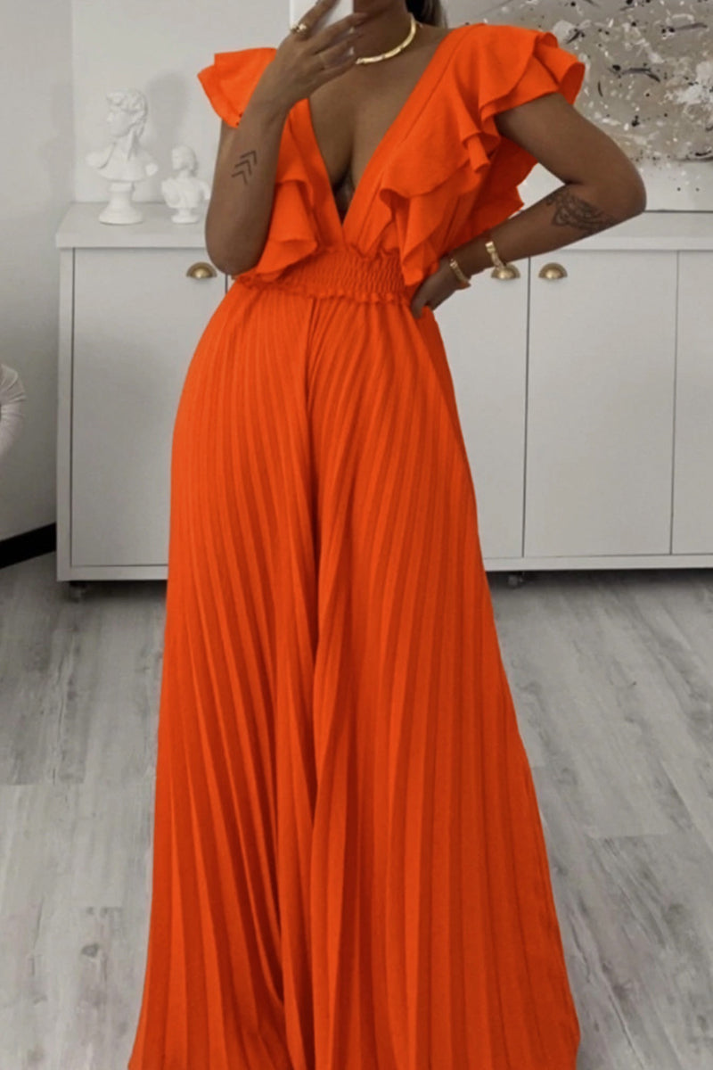 Casual Elegant Solid Patchwork Flounce Fold V Neck Loose Jumpsuits