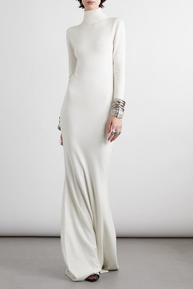 Long Sleeves Skinny Solid Color High Neck Maxi Dresses