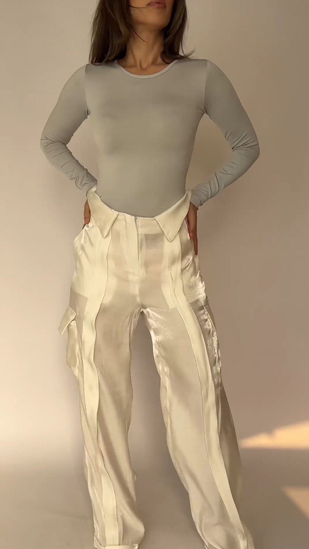 Women's Flip-waisted Satin Pants with Multiple Pockets