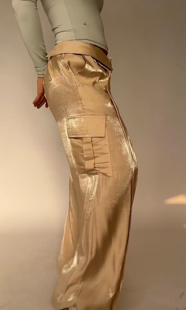 Women's Flip-waisted Satin Pants with Multiple Pockets