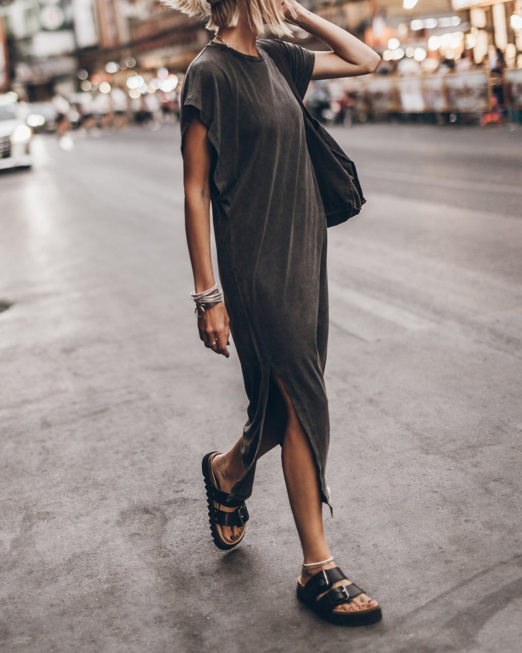 Simple and Effortless Open Sleeve Slit Oversized T-shirt Midi Dress