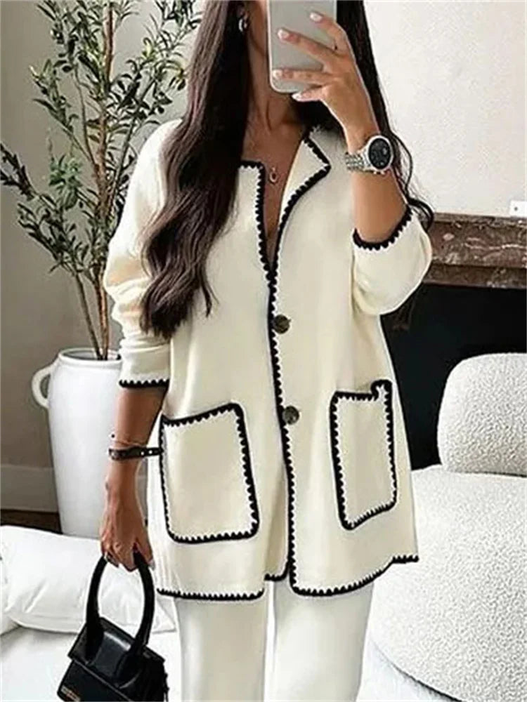 Tossy White Patchwork Fashion Two Piece Straight Legg Women Loose Contrast Casual Streetwear Autumn High Waist Female Pants Sets