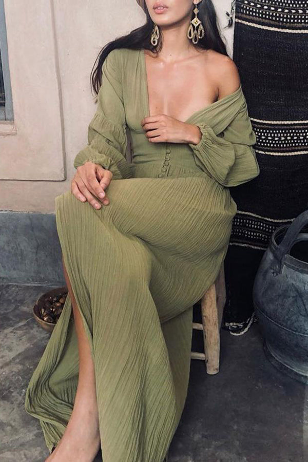 Pink Plunging Button Long Sleeve Maxi Dress