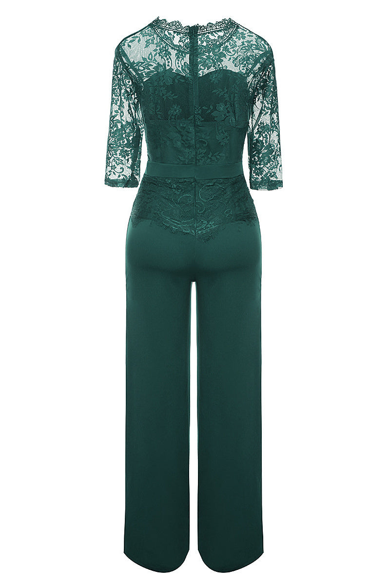 Fashion Casual Patchwork Solid See-through O Neck Regular Jumpsuits(4 Colors)
