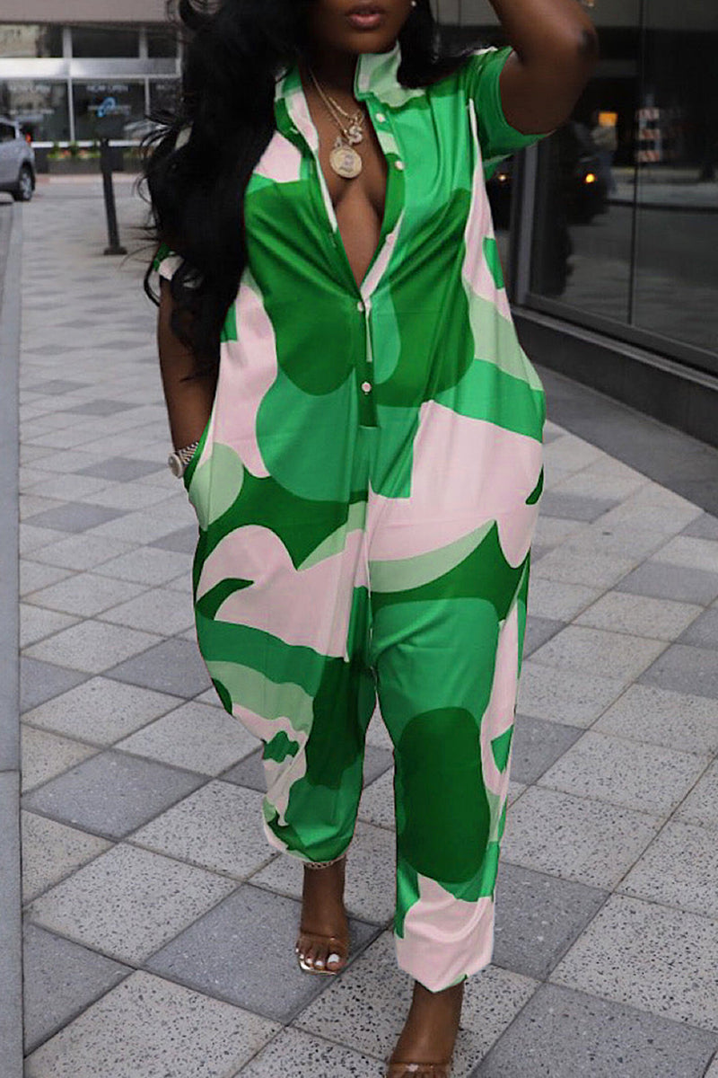 Casual Print Patchwork Pocket Buckle Turndown Collar Loose Jumpsuits