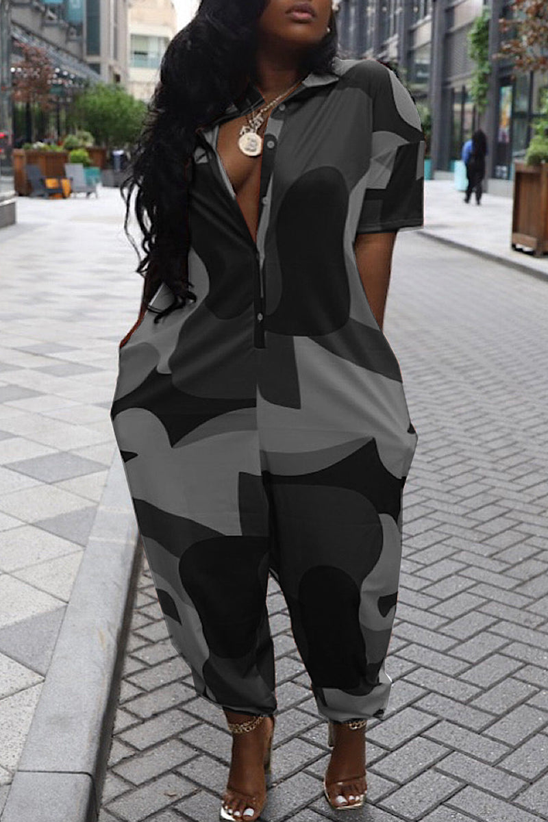 Casual Print Patchwork Pocket Buckle Turndown Collar Loose Jumpsuits