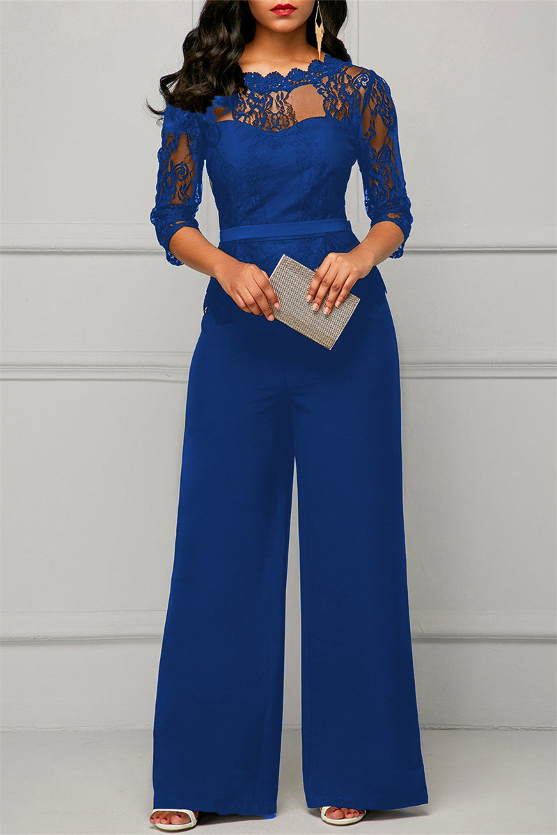 Fashion Casual Patchwork Solid See-through O Neck Regular Jumpsuits(4 Colors)