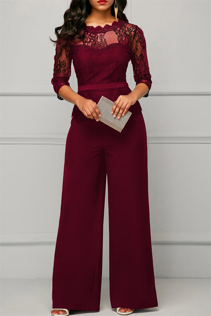 Fashion Casual Patchwork Solid See-through O Neck Regular Jumpsuits(4 Colors)