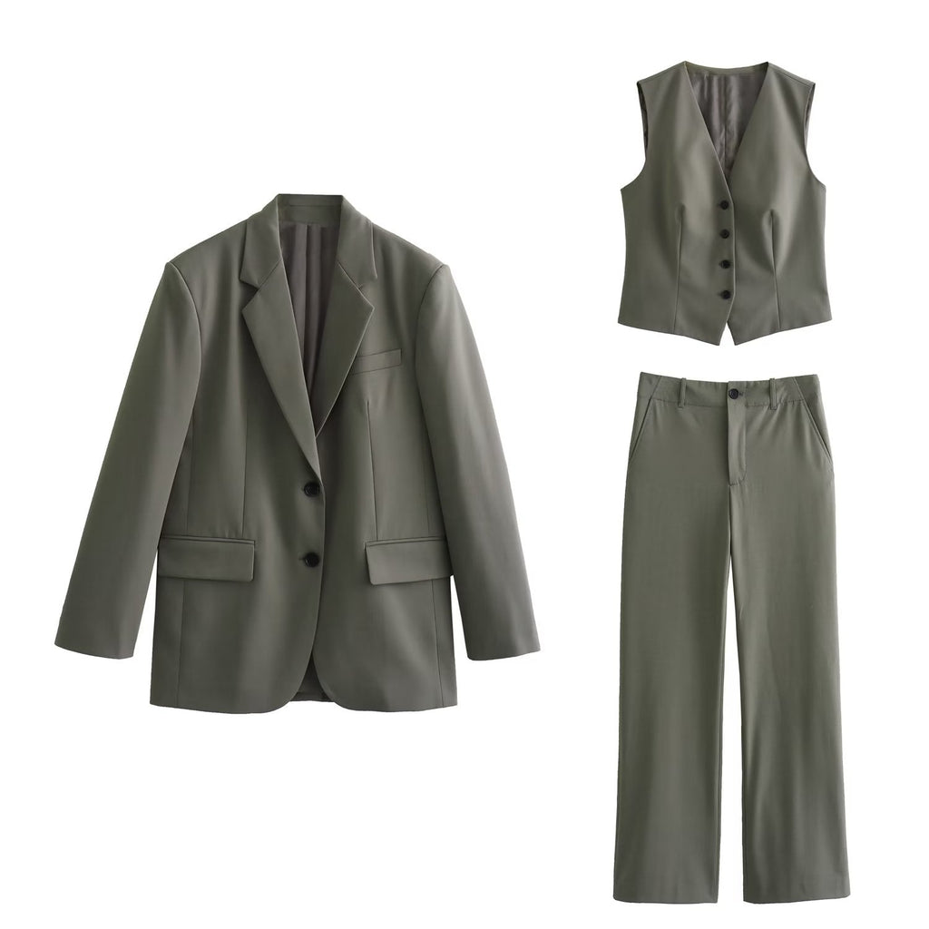 Autumn Women's Button Suit Coat Vest Pants Set – Stylish Fall Outfit
