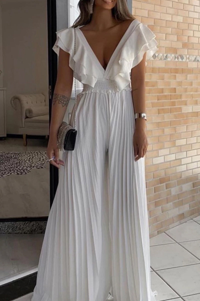 Casual Elegant Solid Patchwork Flounce Fold V Neck Loose Jumpsuits