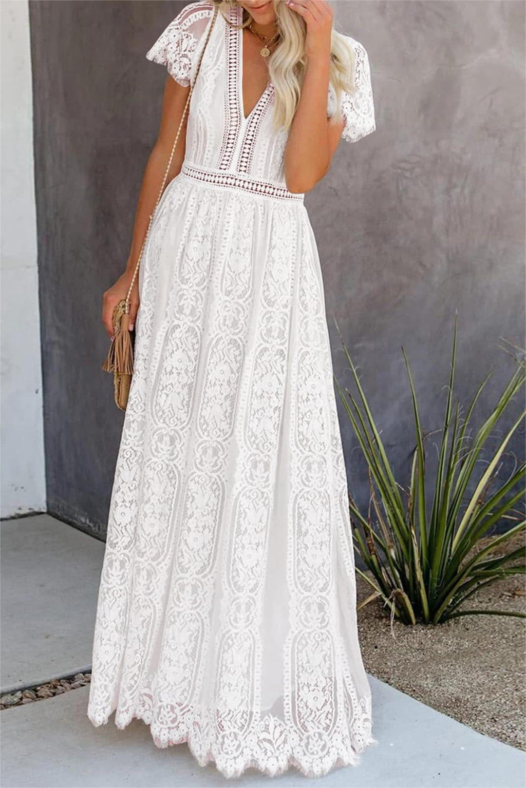 Lace Flutter Sleeve V-Neck Maxi Dress