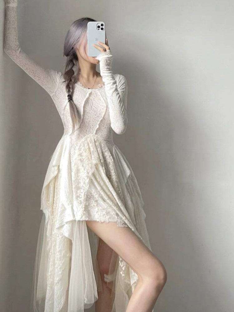 French Vintage Elegant Lace Dress Women 2024 Spring Summer New Irregular Splicing Long Bridesmaid Evening Party Dress Prom Robe