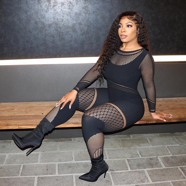 CUTENOVA Black See Through Jumpsuits Sexy Holes Long Sleeve Bodycon Rompers Womens Jumpsuit