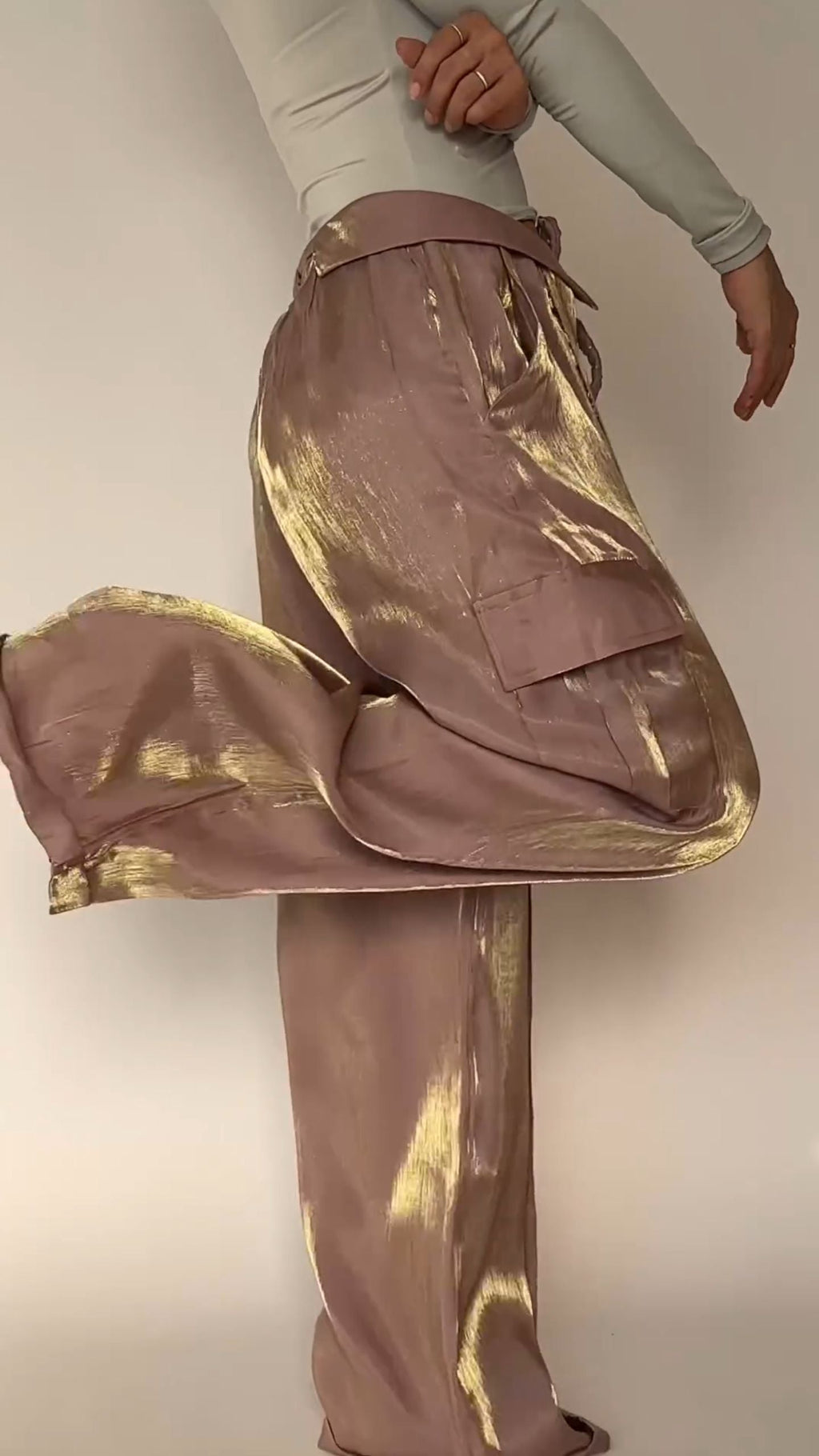 Women's Flip-waisted Satin Pants with Multiple Pockets
